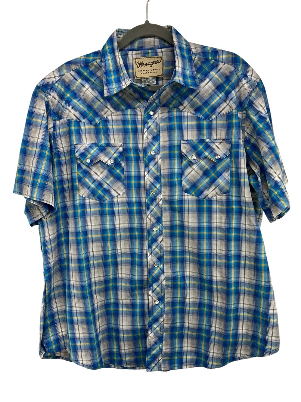 Wrangler Western Pearl Snap Blue White Plaid Button Down Short Sleeve Shirt XL